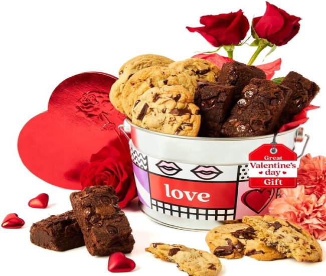 1.3Lbs Assorted Gourmet with Chocolate Chip Brownies and Chocolate Chunk Cookies in a Love Tin Bucket