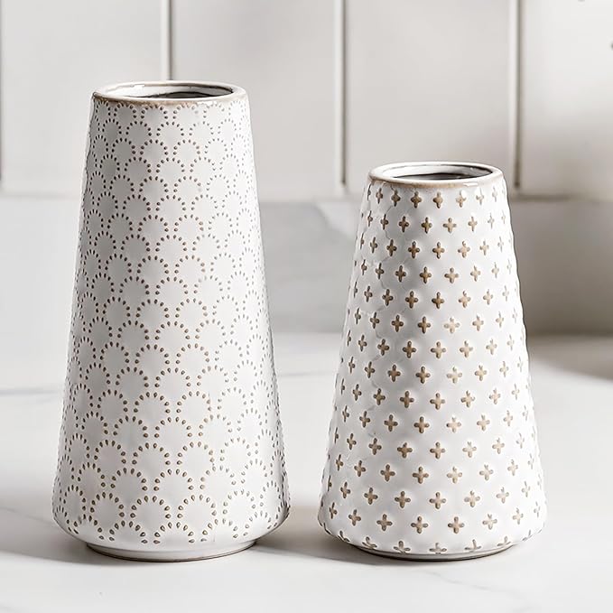 Ceramic Vase for Decor, 6 Inch+7.1 Inch White Flower Vase for Lego Flowers, Tulip and Pampas Grass, Embossed Farmhouse Vases for Centerpieces,Home Living Room Dining Table Office Decor, Arctic White