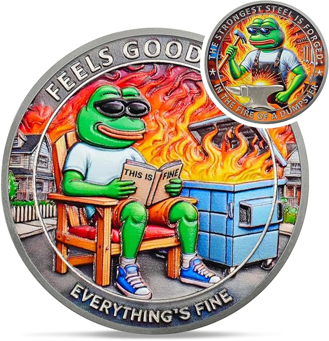 Fun Dumpster Fire Frog Challenge Coin - The Strongest Steel is Forged Dumpster Fire Coin - Emotional Support This is Fine Chip - Funny Desk Accessories for Work - Inspirational Gifts for Men Women
