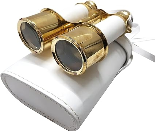 Handmade Shiny Brass Binoculars with White Leather Box