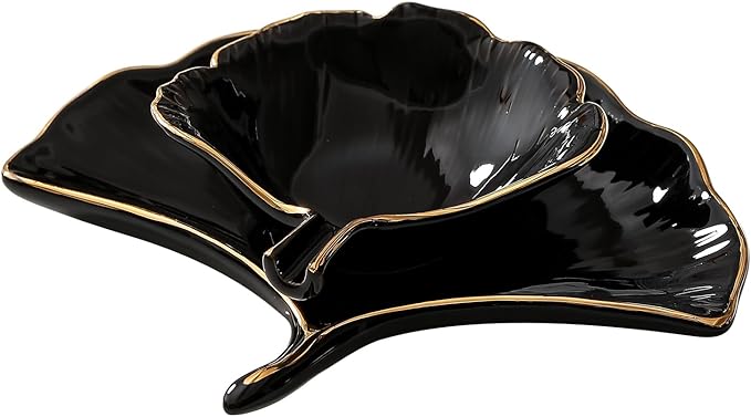 Jewelry Dish Tray Set of 2 Different Capacity Leaf Shape Ring Holder Dish Ceramic Trinket Tray for Mom Friend Sister with Beautiful Package and Perfect for Wome Festival Gifts（Black）
