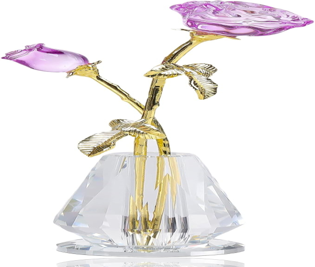 Purple Rose Flower Crystal Figurine with Vase Handmade