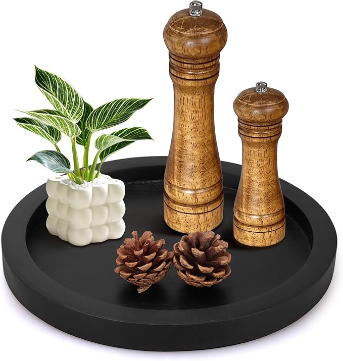 Rustic Decorative Wooden Serving Tray Home Decor Round Ottoman Coffee Table Trays Farmhouse Living Room Dinner Table Centerpiece Accessories Wood Candle Holder Tray for Kitchen Counter Bathroom Vanity