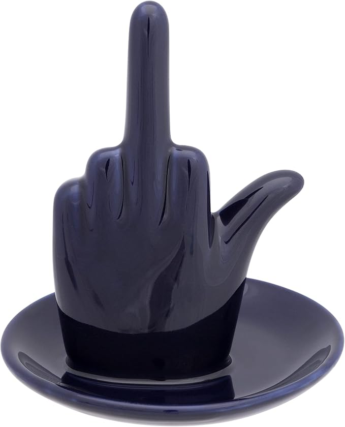 Stephanie Imports Navy Blue Ceramic Middle Finger Jewelry Ring Dish Tray