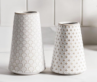 Ceramic Vase for Decor, 6 Inch+7.1 Inch White Flower Vase for Lego Flowers, Tulip and Pampas Grass, Embossed Farmhouse Vases for Centerpieces,Home Living Room Dining Table Office Decor, Arctic White