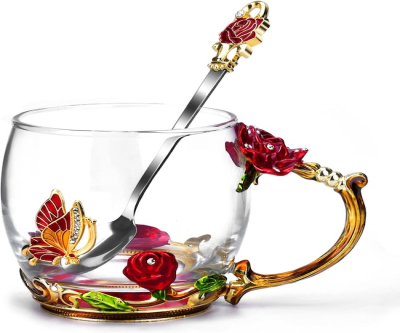 Pretty And Stylish Enamel Glass Mug with Butterfly and Red Rose Print