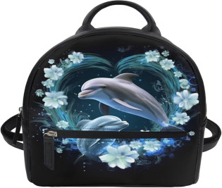 Showudesigns Dolphin Flower Backpack Purse for Women Mini Backpacks Water-Resistant Small Back Pack Shoulder Bag for School Travel Min Casual Daypack Black