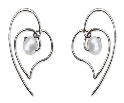 White Pearl Spiral Heart Earrings in Steel